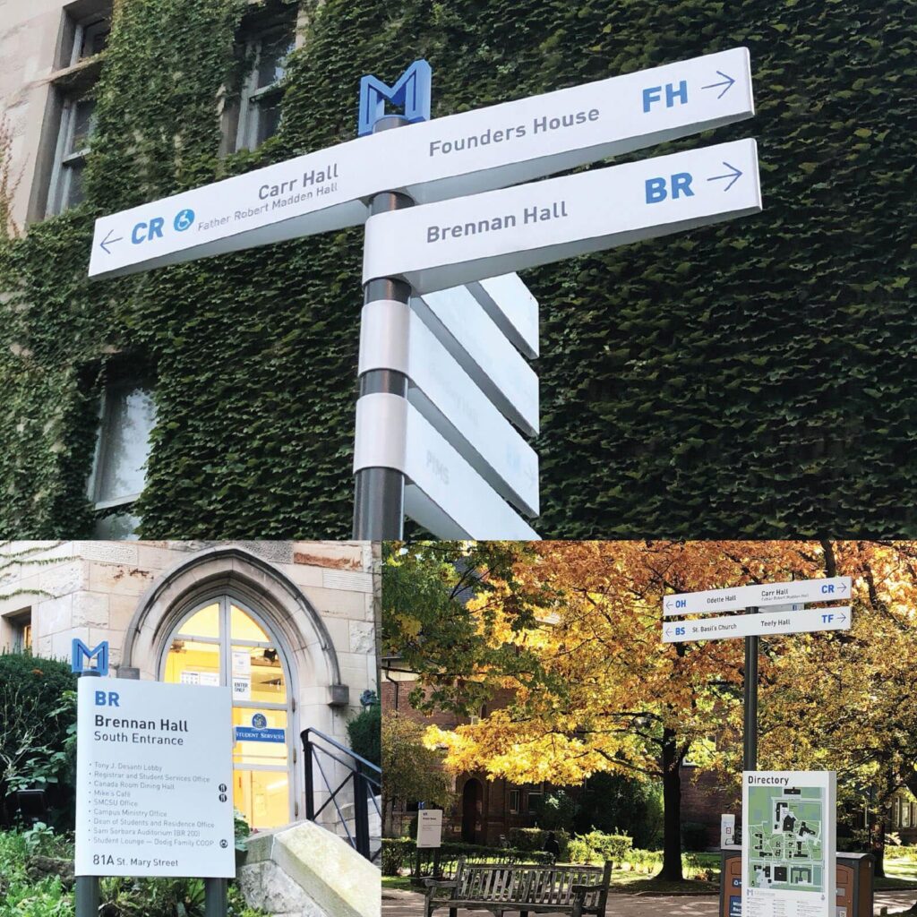 Brennan Hall greets students and visitors with a prominent sign detailing the services found within. Accessible entrances are clearly marked.