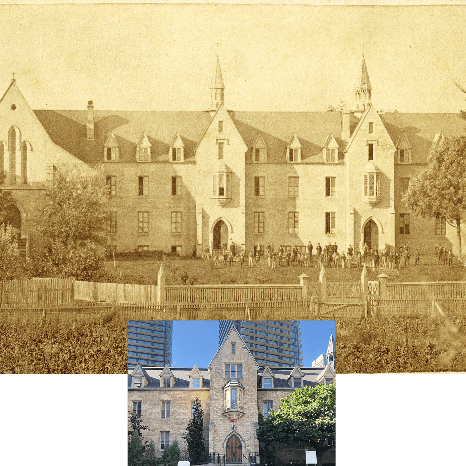 St. Michael’s College, Clover Hill buildings between 1862-1872, USMC Archives. Inset: Odette Hall, Spring 2022.